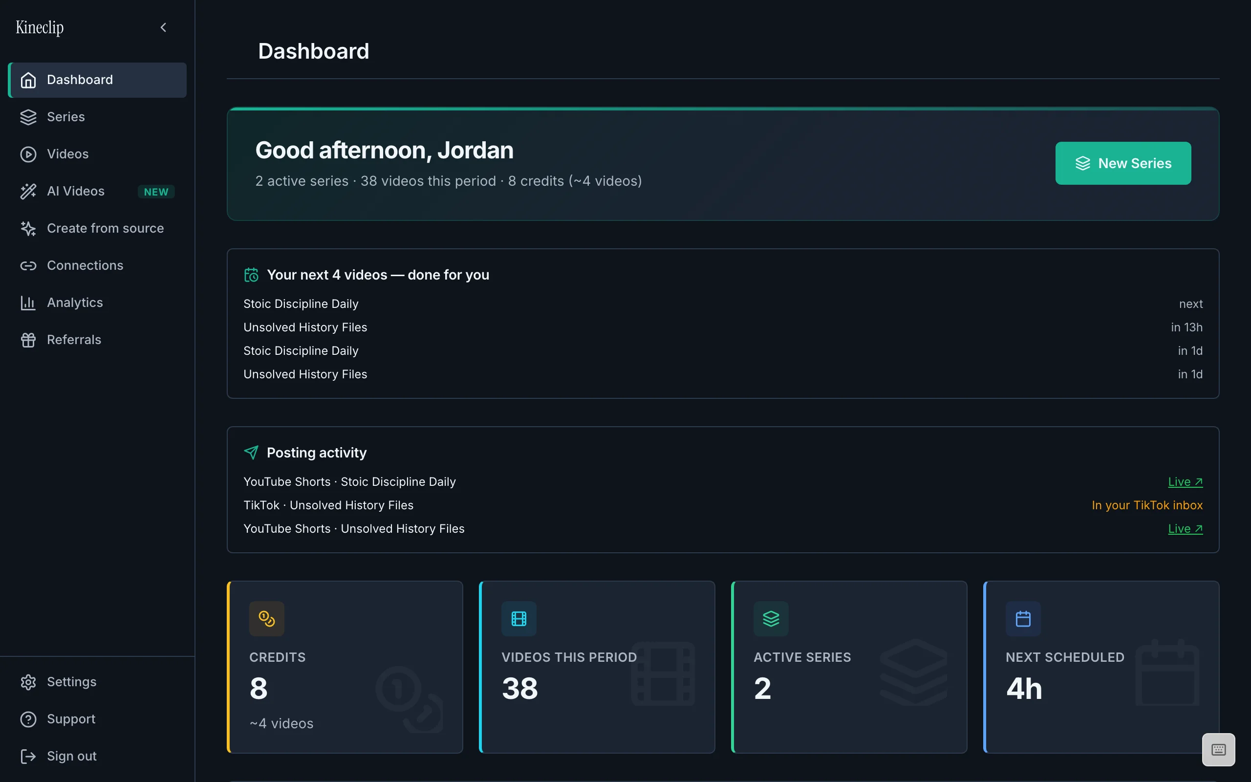 Kineclip dashboard — upcoming schedule, posting activity, and this period's video count
