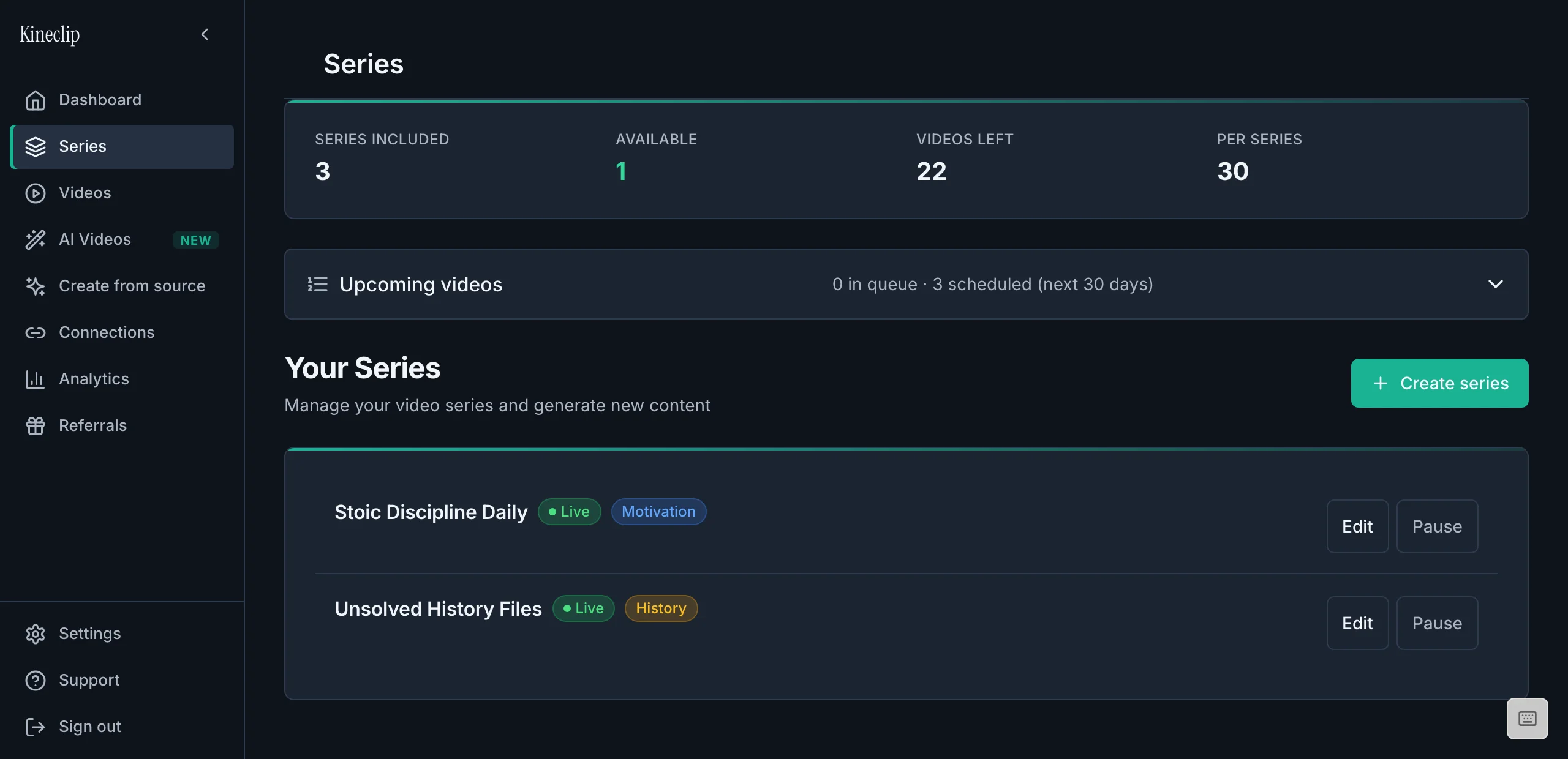 Series screen showing two live series tagged with their niches — Motivation and History