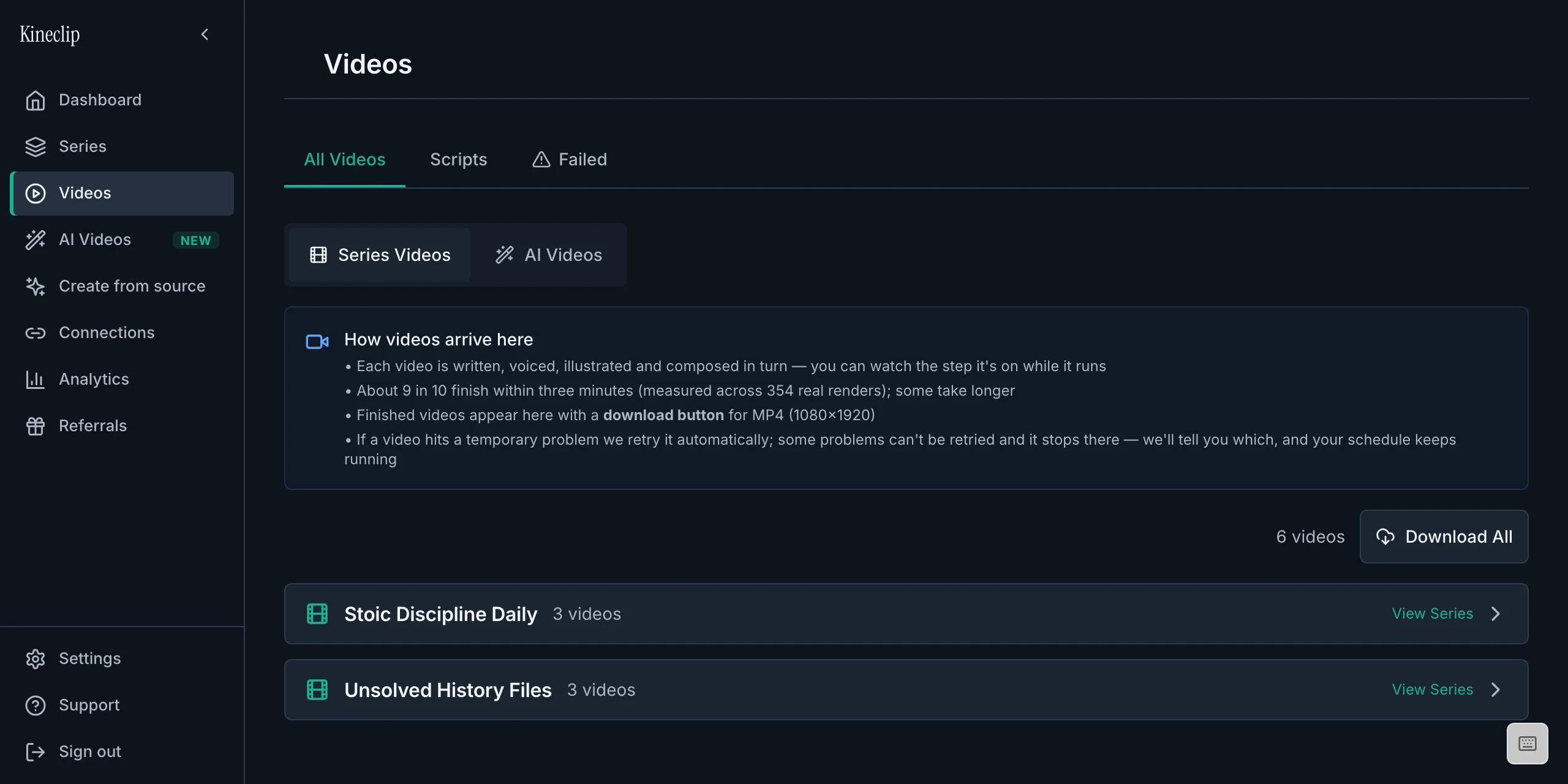Videos library grouped by series, with MP4 download